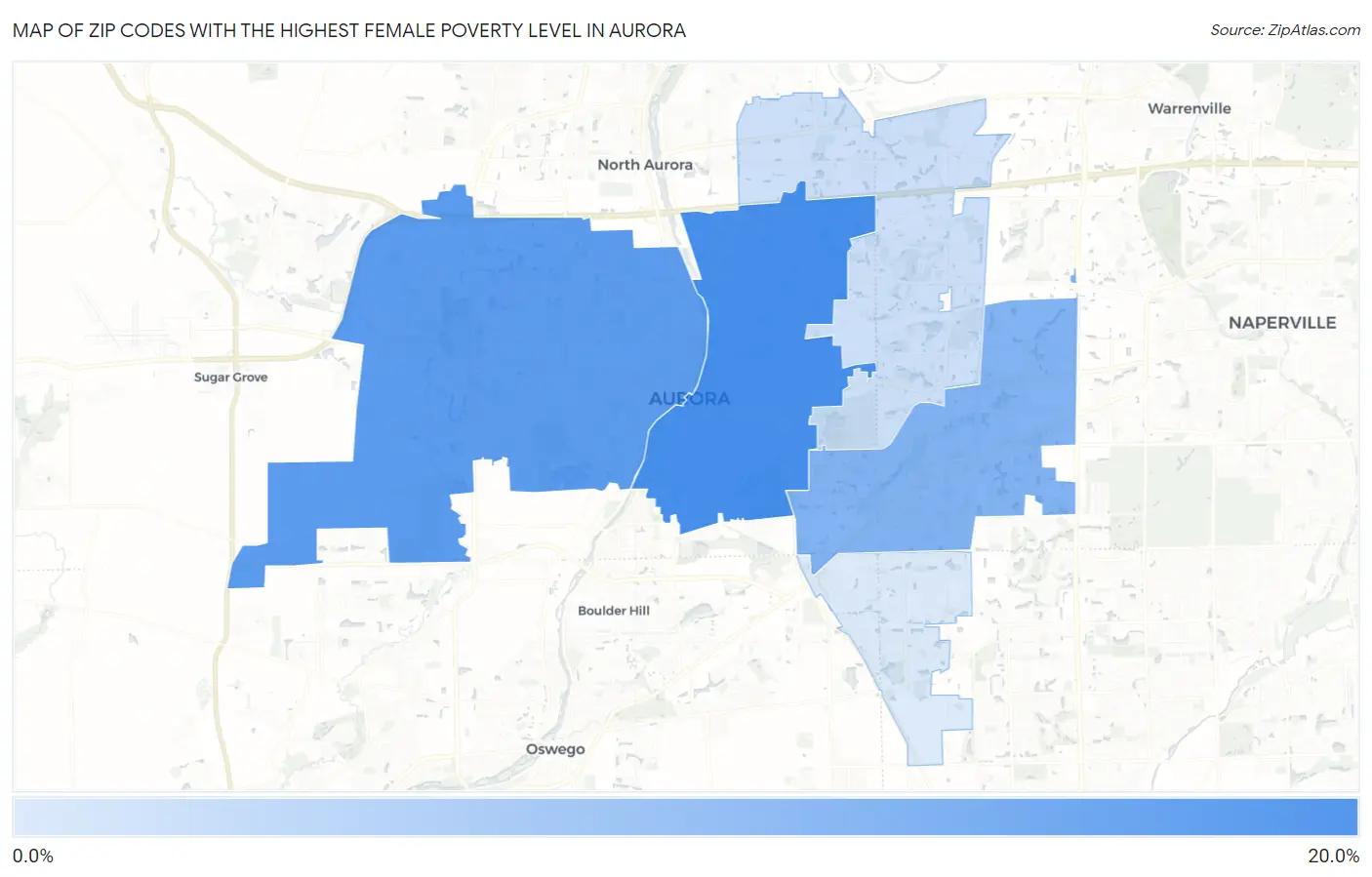 Zip Codes with the Highest Female Poverty Level in Aurora Map