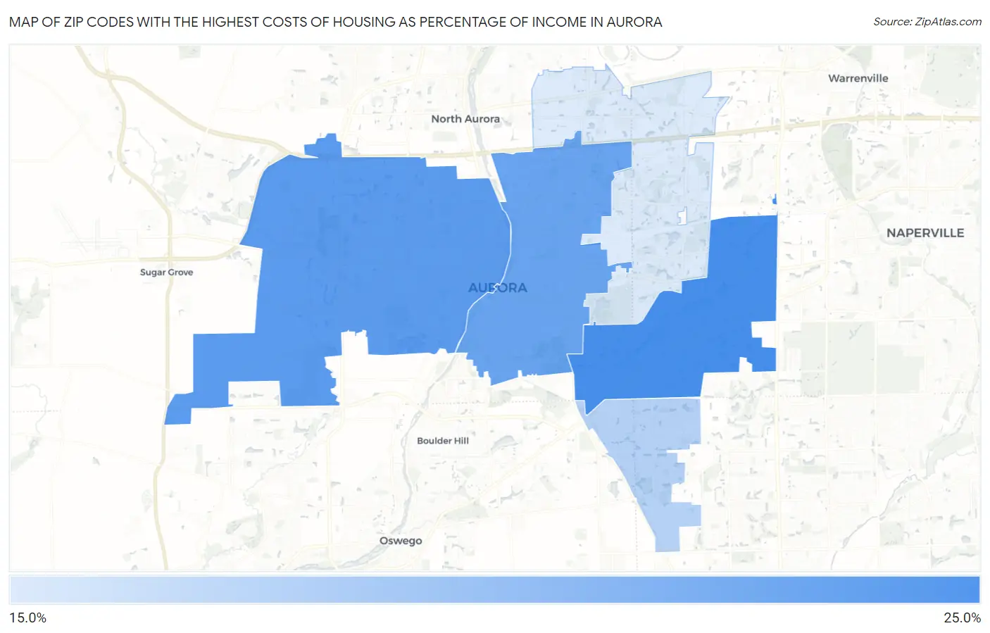 Zip Codes with the Highest Costs of Housing as Percentage of Income in Aurora Map