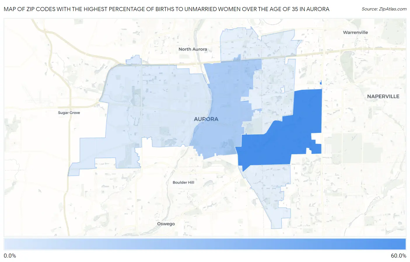 Zip Codes with the Highest Percentage of Births to Unmarried Women over the Age of 35 in Aurora Map