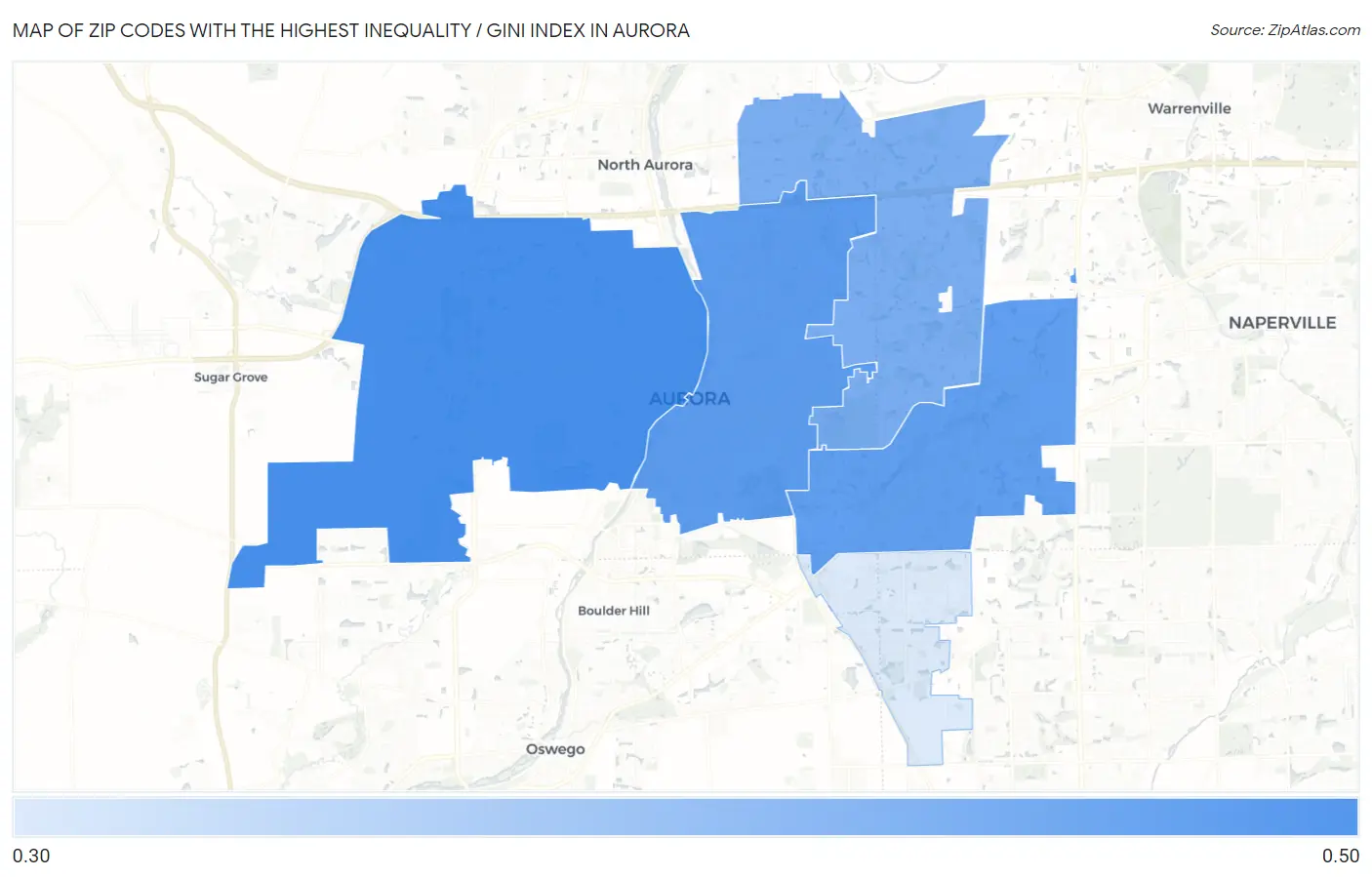 Zip Codes with the Highest Inequality / Gini Index in Aurora Map