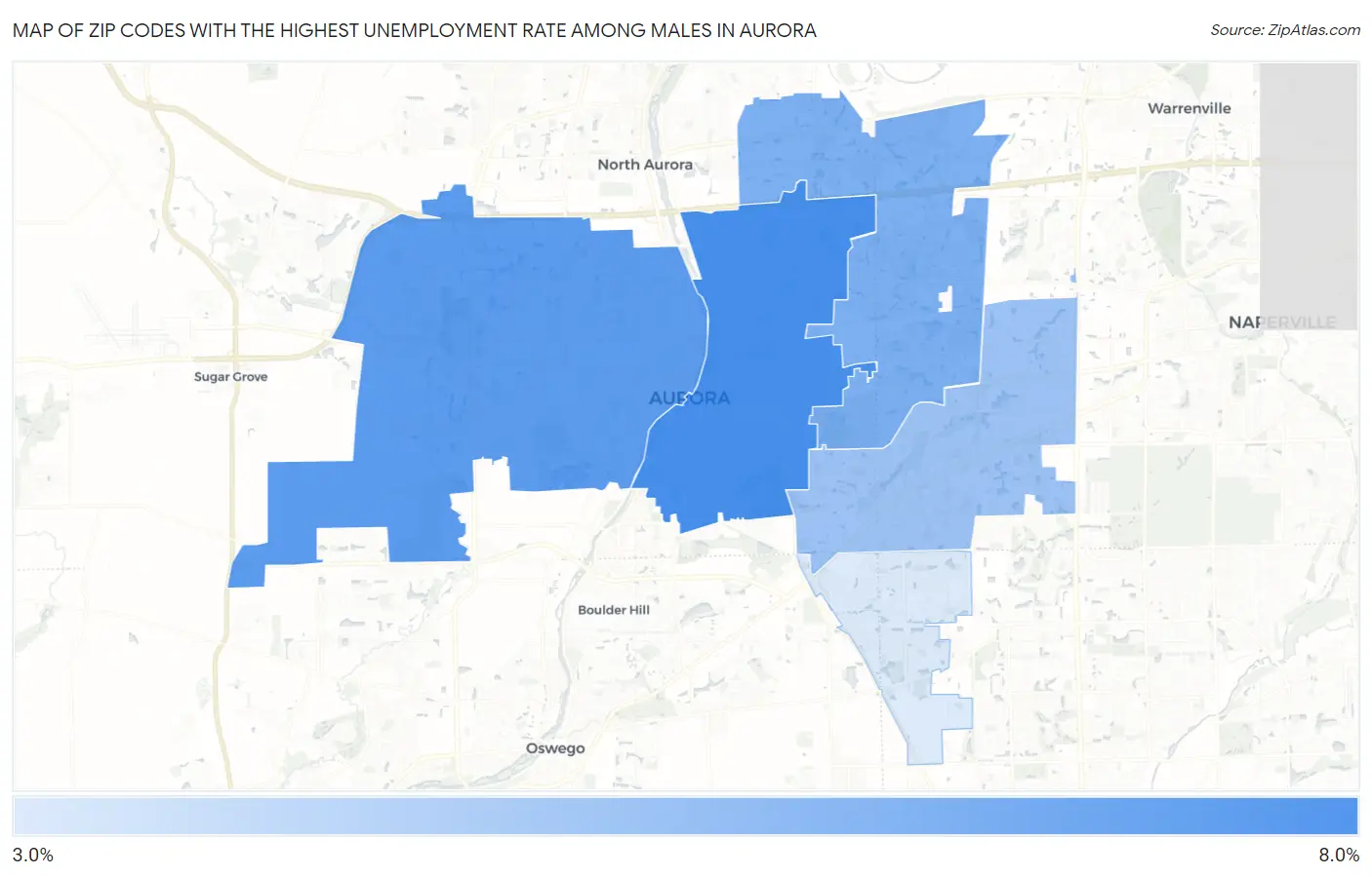 Zip Codes with the Highest Unemployment Rate Among Males in Aurora Map