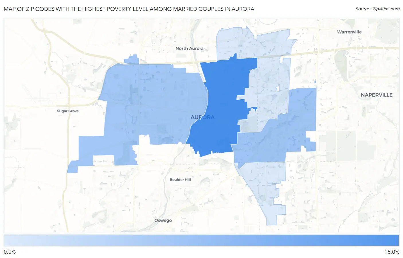 Zip Codes with the Highest Poverty Level Among Married Couples in Aurora Map