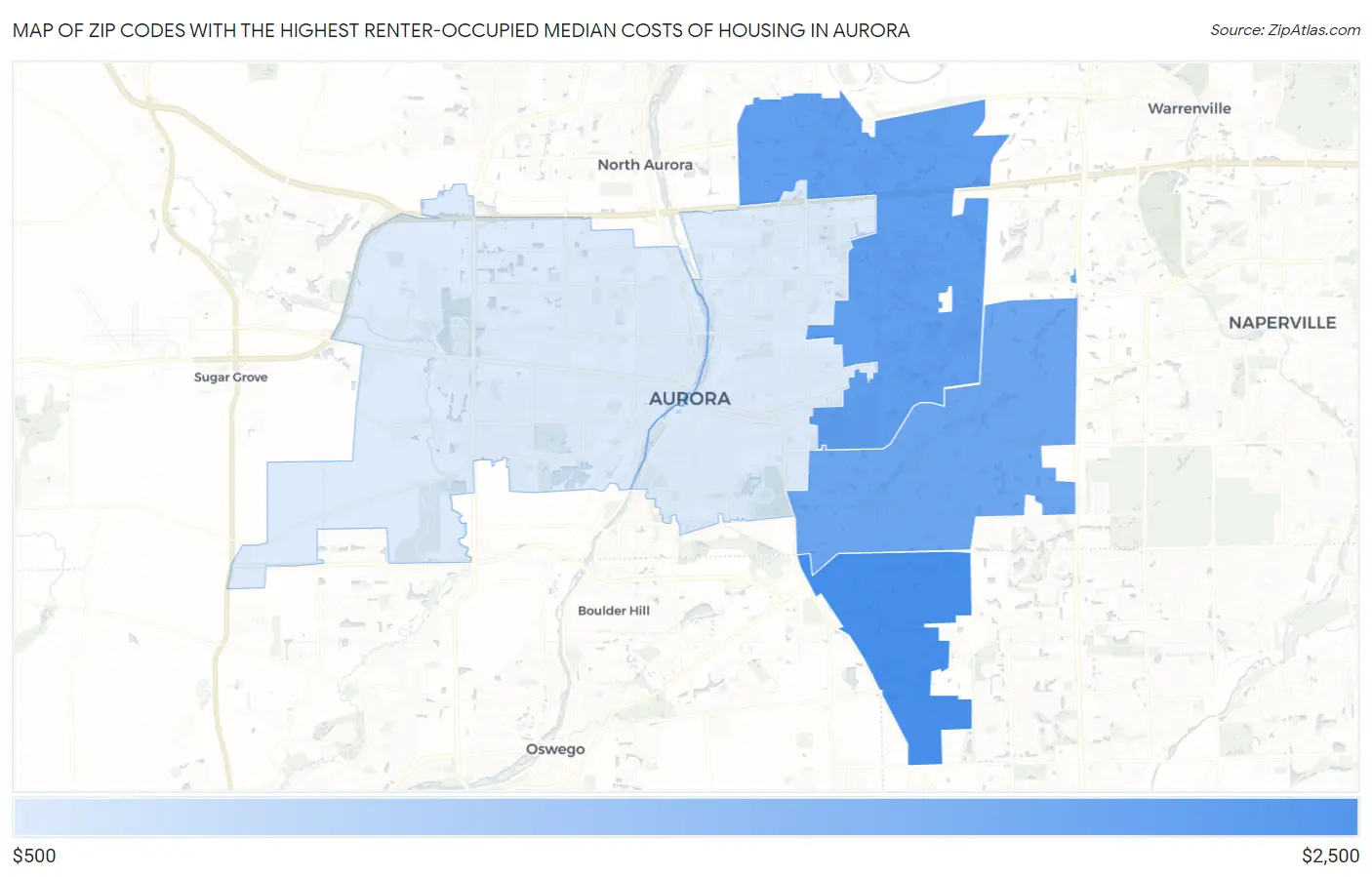 Zip Codes with the Highest Renter-Occupied Median Costs of Housing in Aurora Map