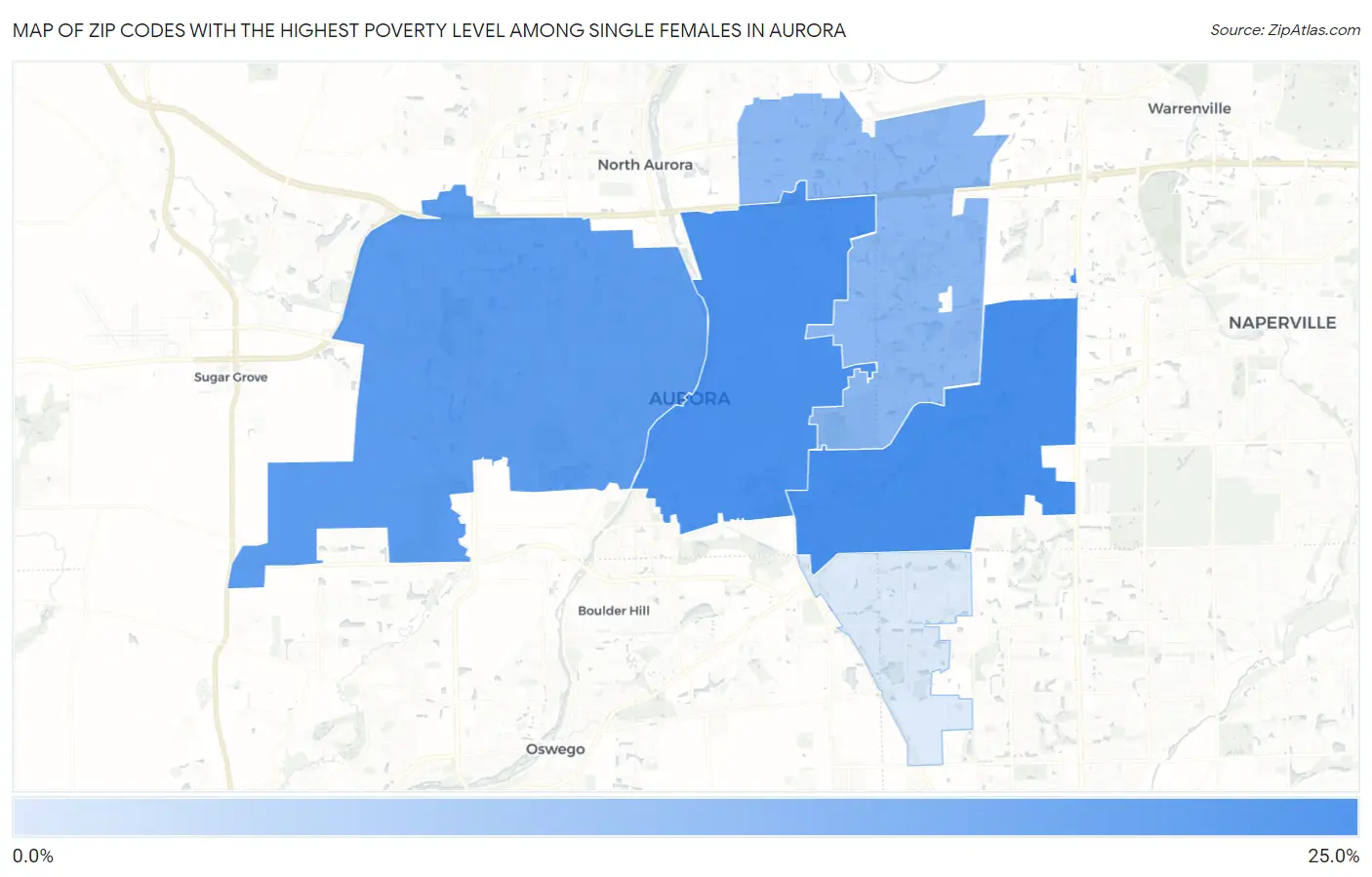 Zip Codes with the Highest Poverty Level Among Single Females in Aurora Map