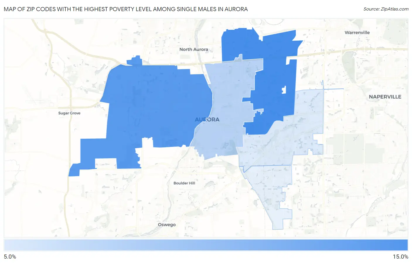 Zip Codes with the Highest Poverty Level Among Single Males in Aurora Map