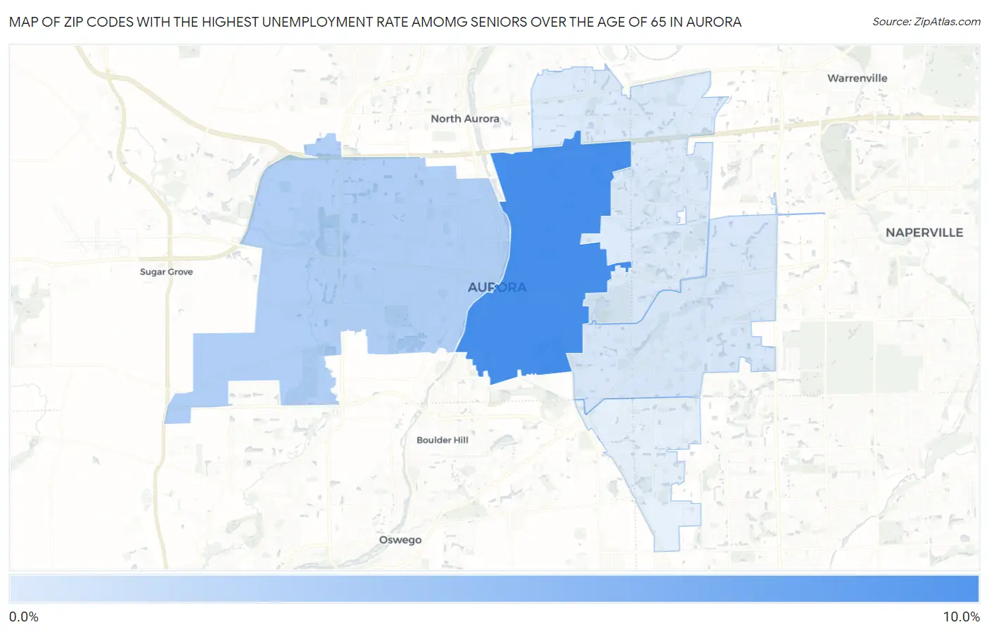 Zip Codes with the Highest Unemployment Rate Amomg Seniors Over the Age of 65 in Aurora Map
