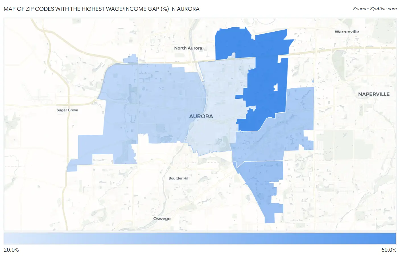 Zip Codes with the Highest Wage/Income Gap (%) in Aurora Map