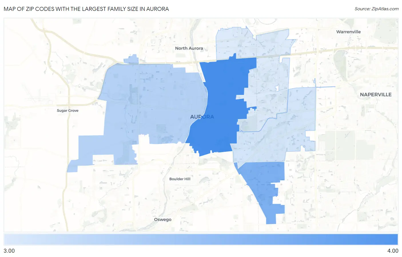 Zip Codes with the Largest Family Size in Aurora Map