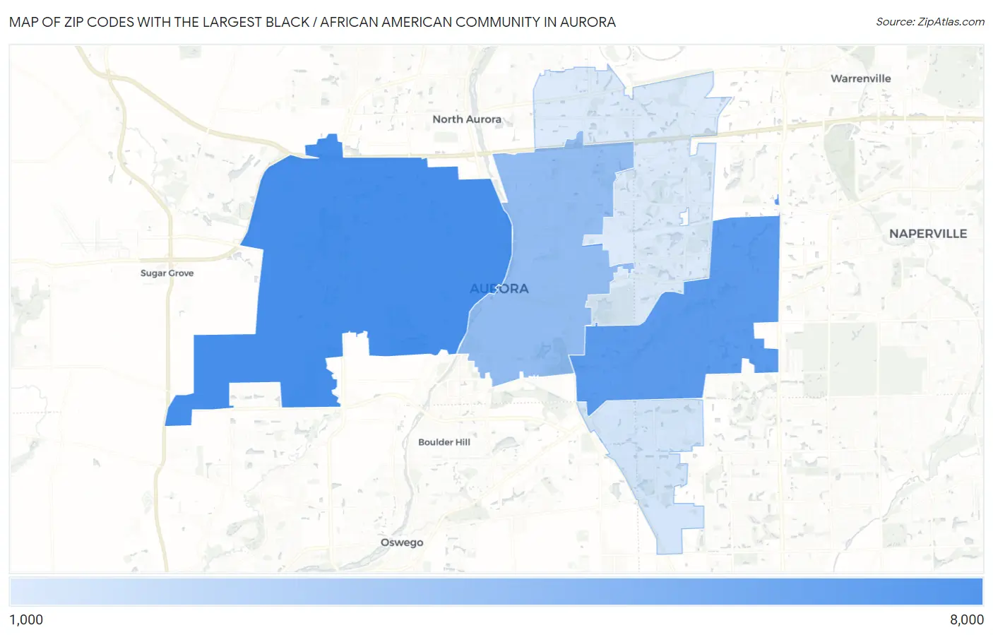 Zip Codes with the Largest Black / African American Community in Aurora Map