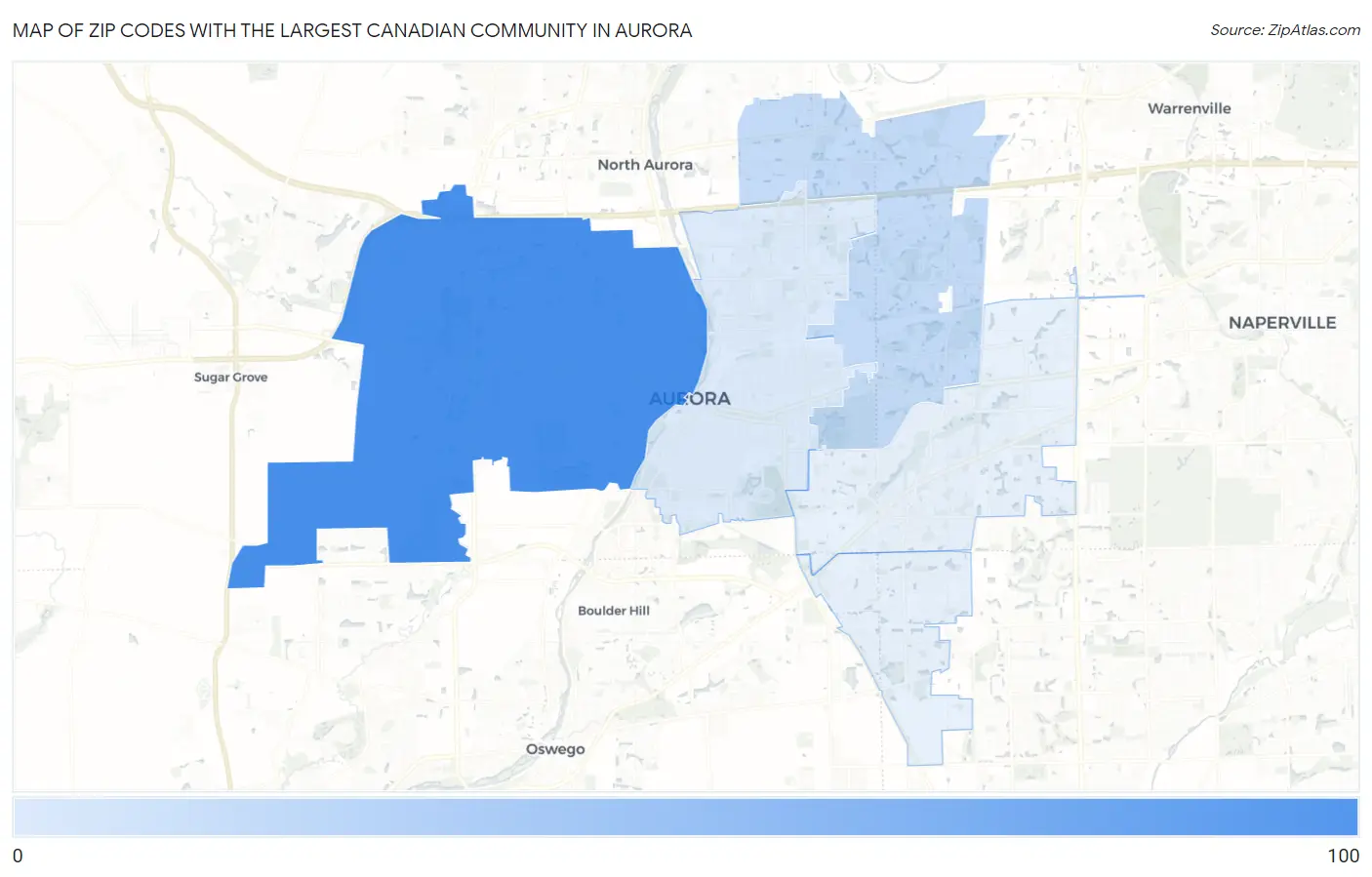Zip Codes with the Largest Canadian Community in Aurora Map