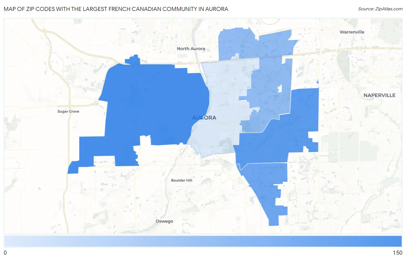 Zip Codes with the Largest French Canadian Community in Aurora Map