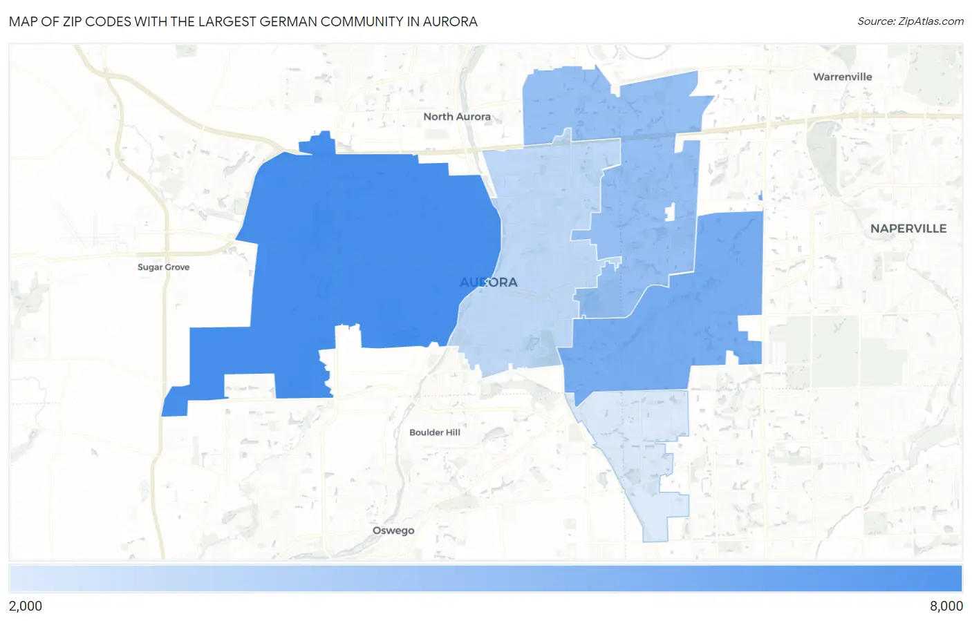 Zip Codes with the Largest German Community in Aurora Map