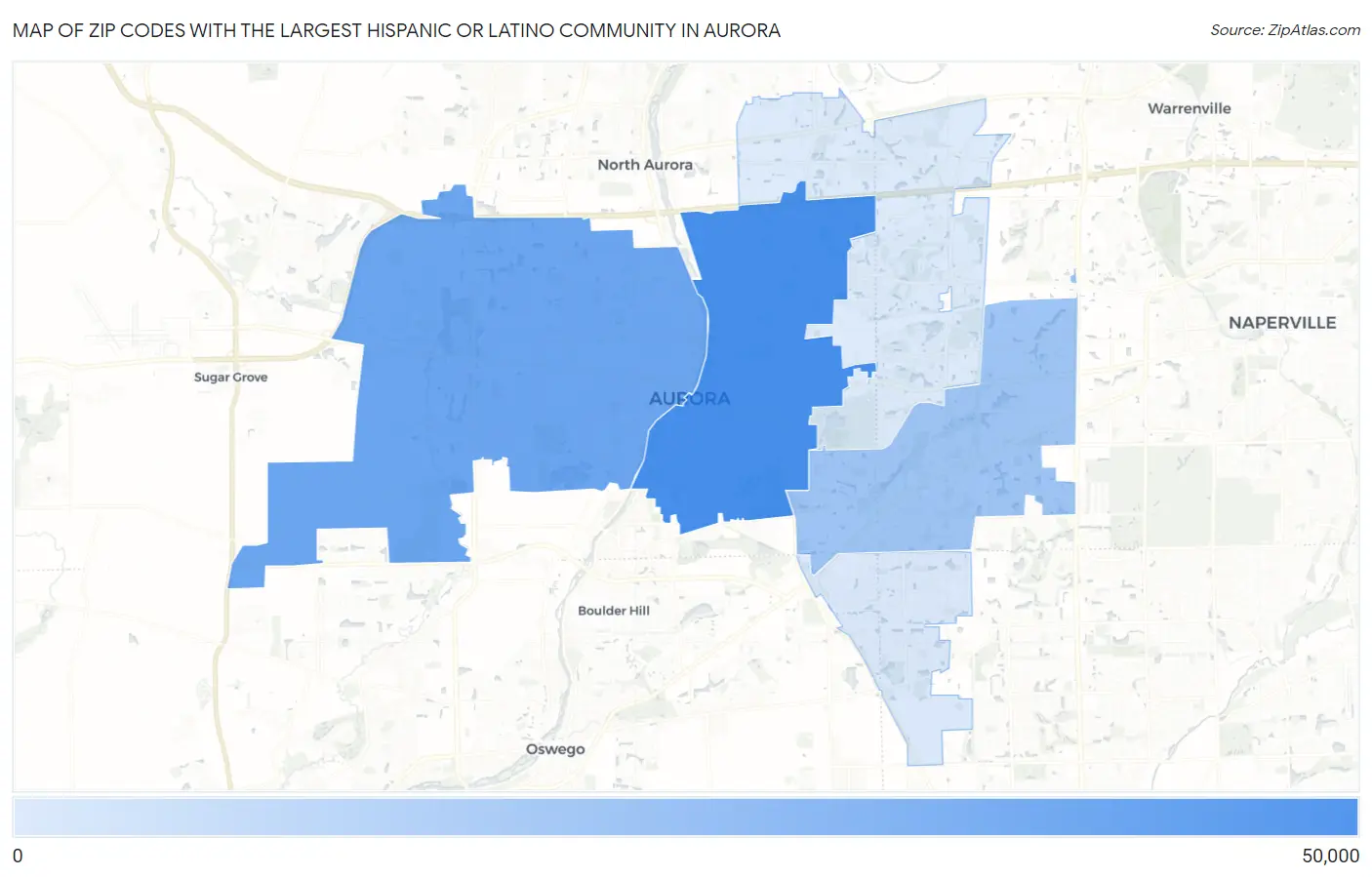Zip Codes with the Largest Hispanic or Latino Community in Aurora Map