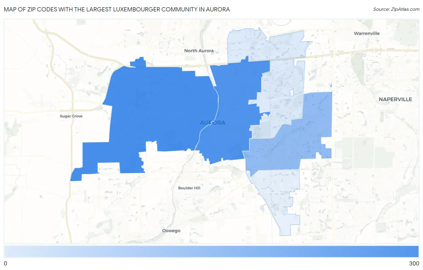 Zip Codes with the Largest Luxembourger Community in Aurora Map