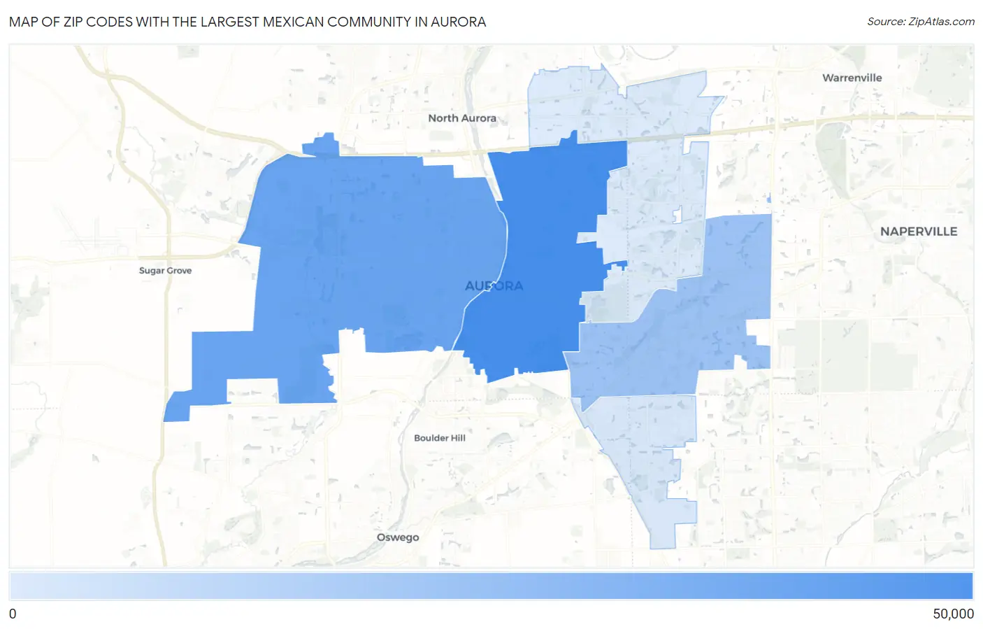 Zip Codes with the Largest Mexican Community in Aurora Map