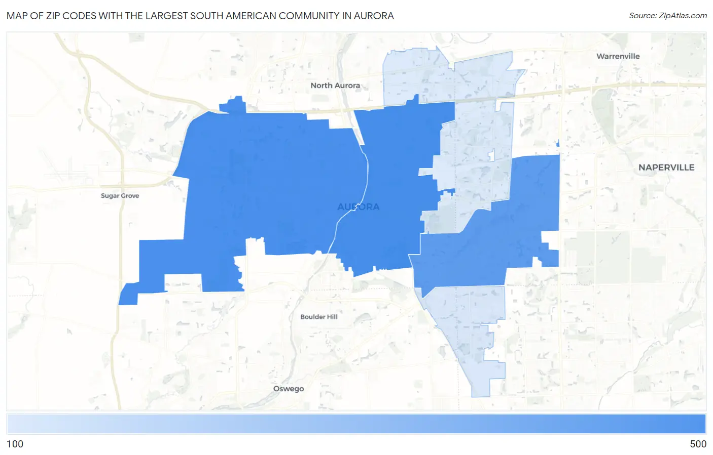 Zip Codes with the Largest South American Community in Aurora Map