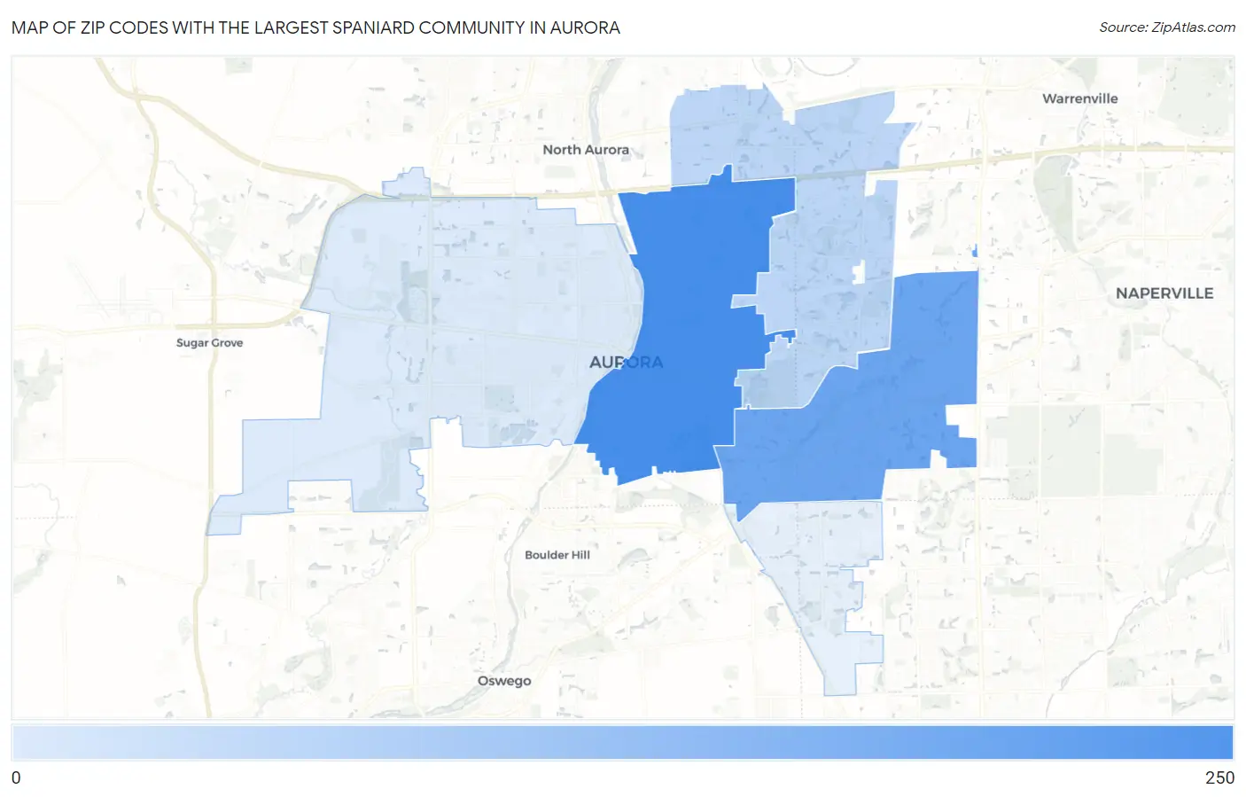 Zip Codes with the Largest Spaniard Community in Aurora Map