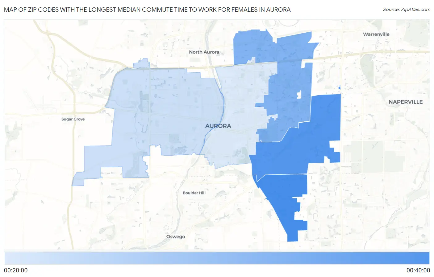 Zip Codes with the Longest Median Commute Time to Work for Females in Aurora Map