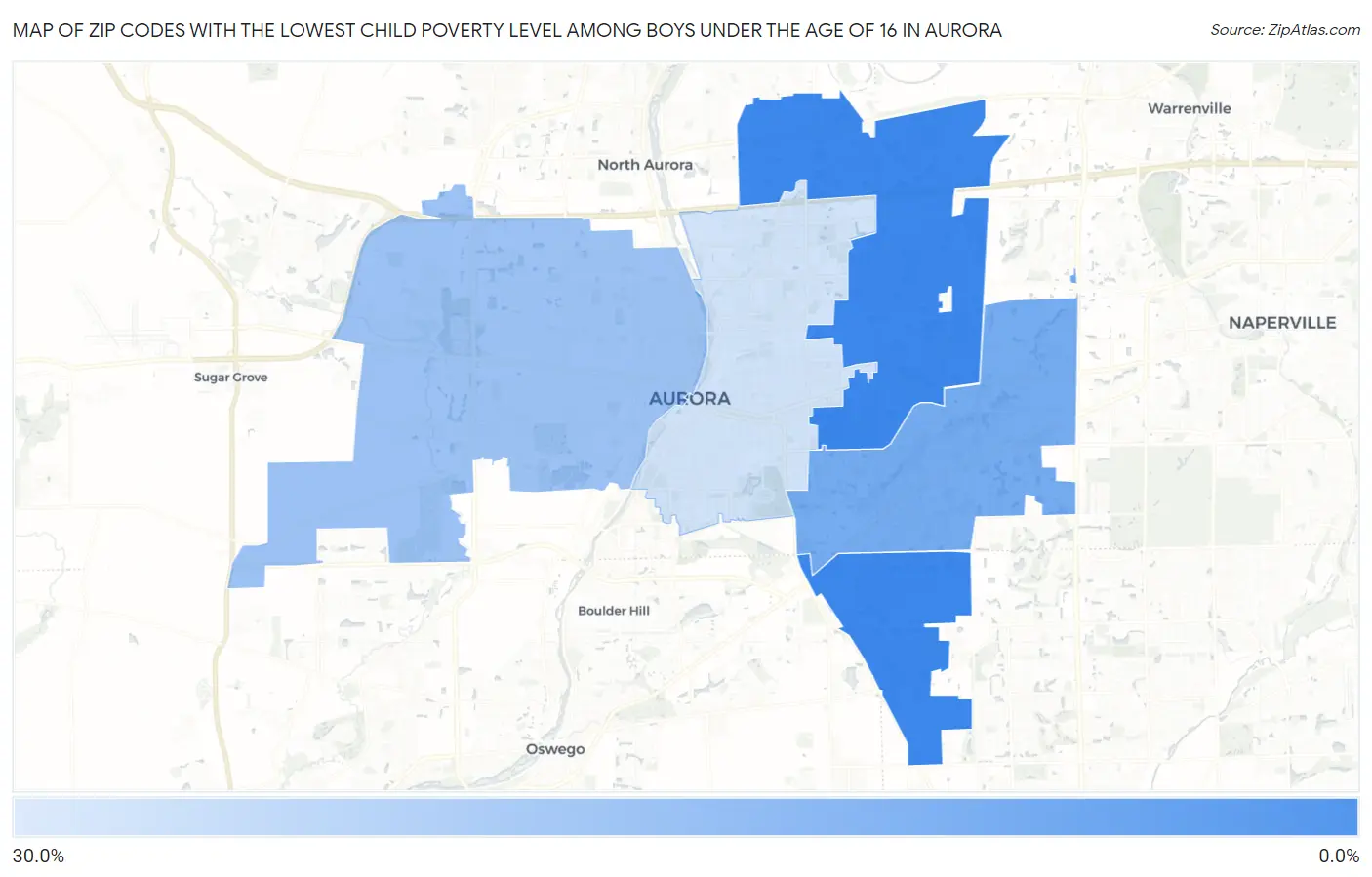 Zip Codes with the Lowest Child Poverty Level Among Boys Under the Age of 16 in Aurora Map