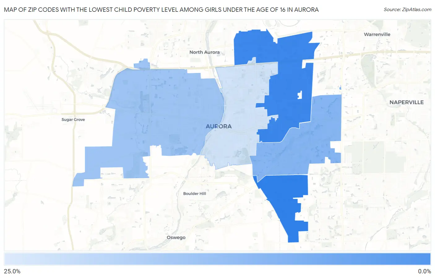 Zip Codes with the Lowest Child Poverty Level Among Girls Under the Age of 16 in Aurora Map