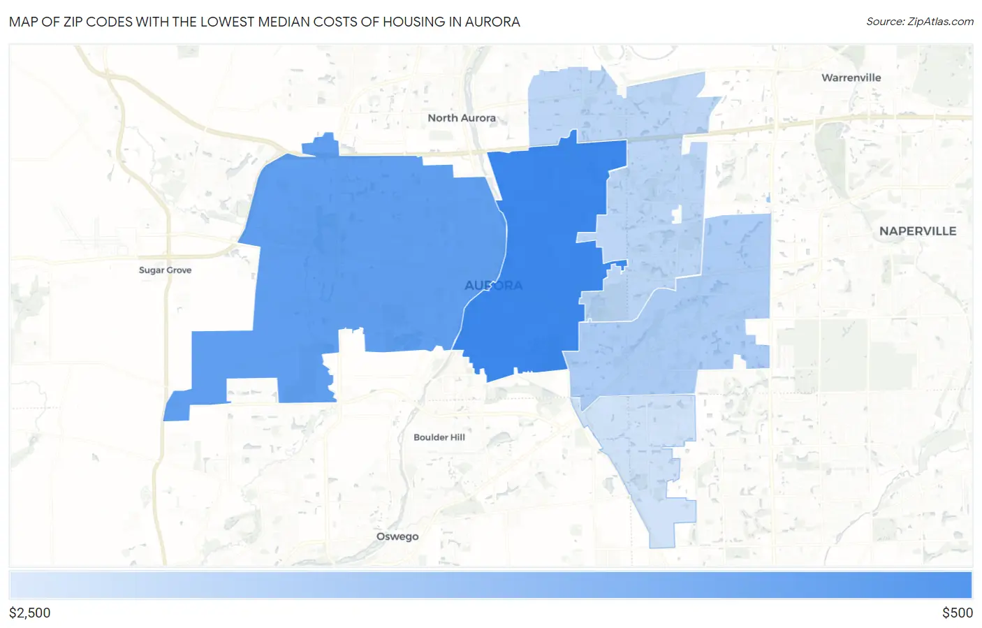 Zip Codes with the Lowest Median Costs of Housing in Aurora Map