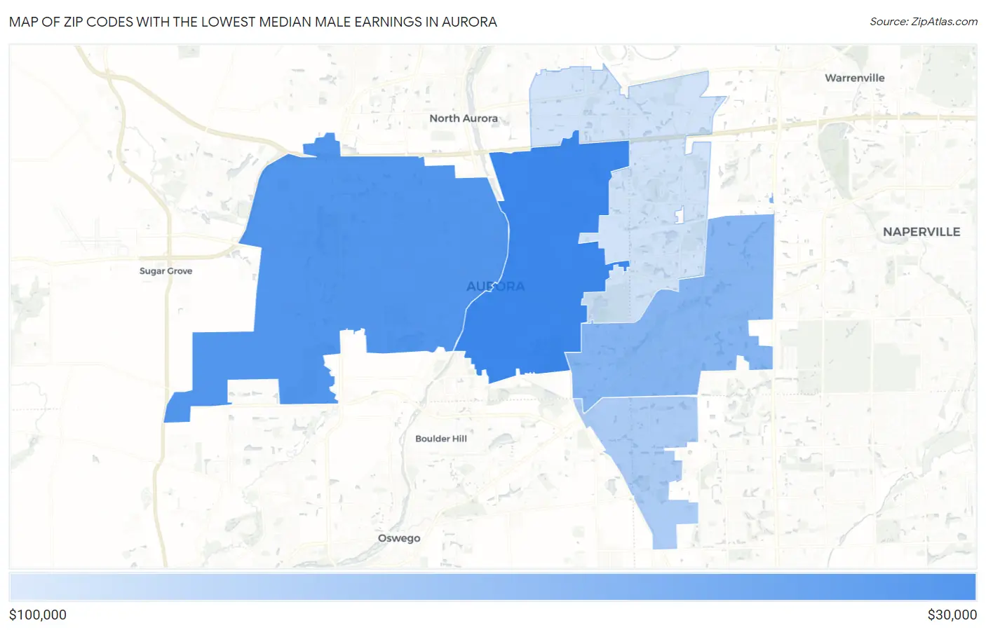 Zip Codes with the Lowest Median Male Earnings in Aurora Map