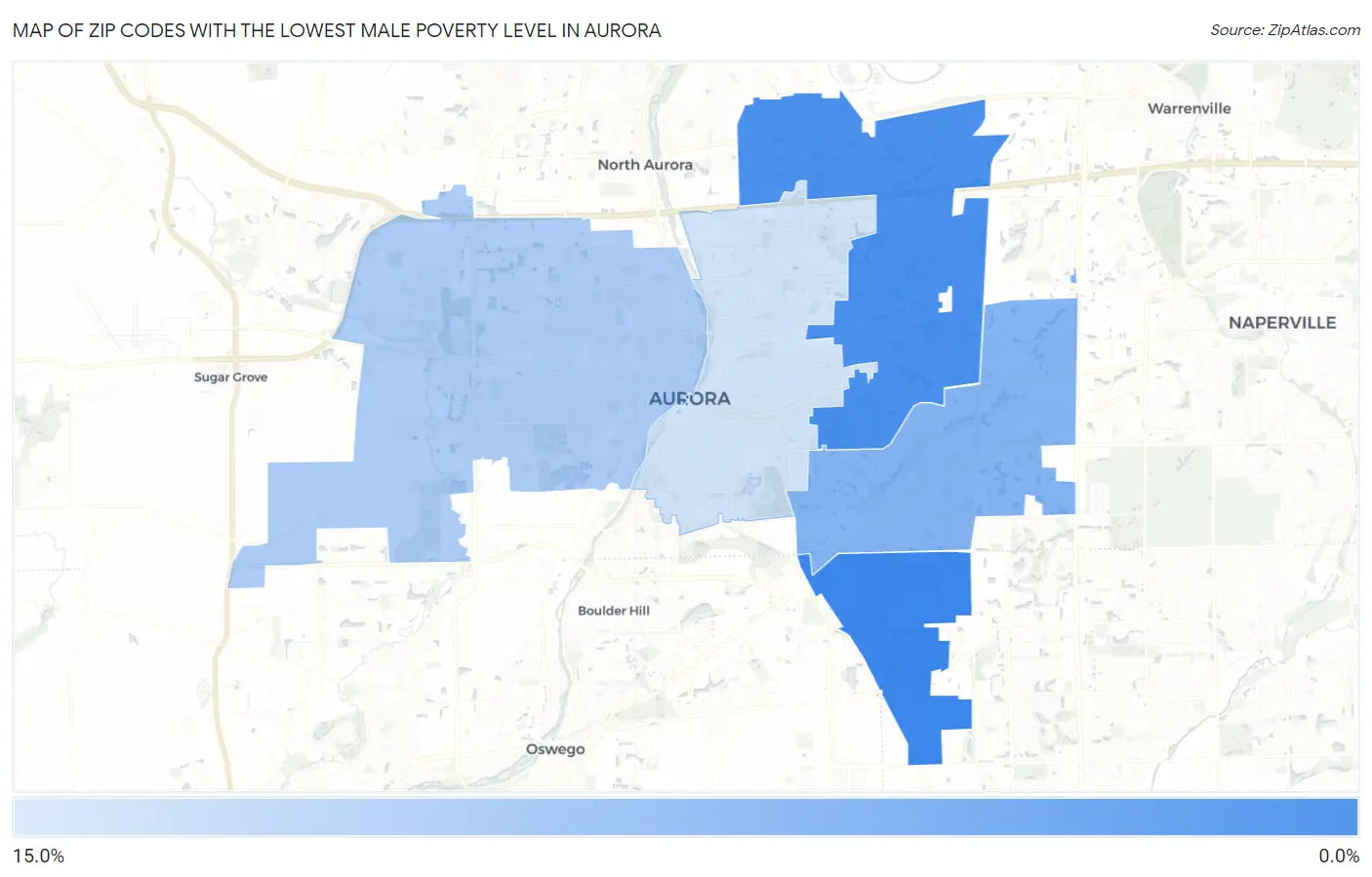 Zip Codes with the Lowest Male Poverty Level in Aurora Map