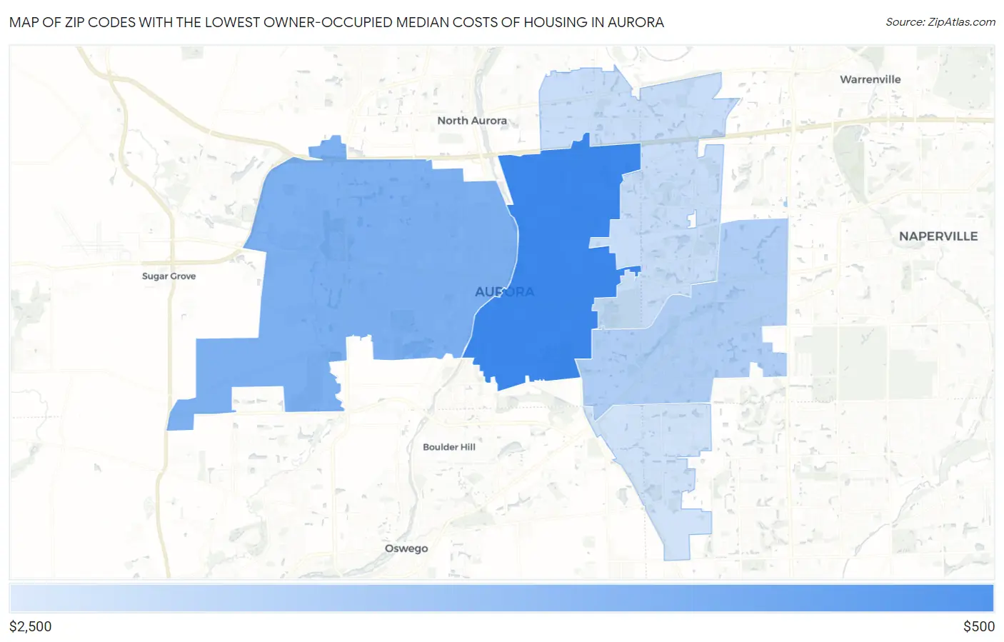 Zip Codes with the Lowest Owner-Occupied Median Costs of Housing in Aurora Map