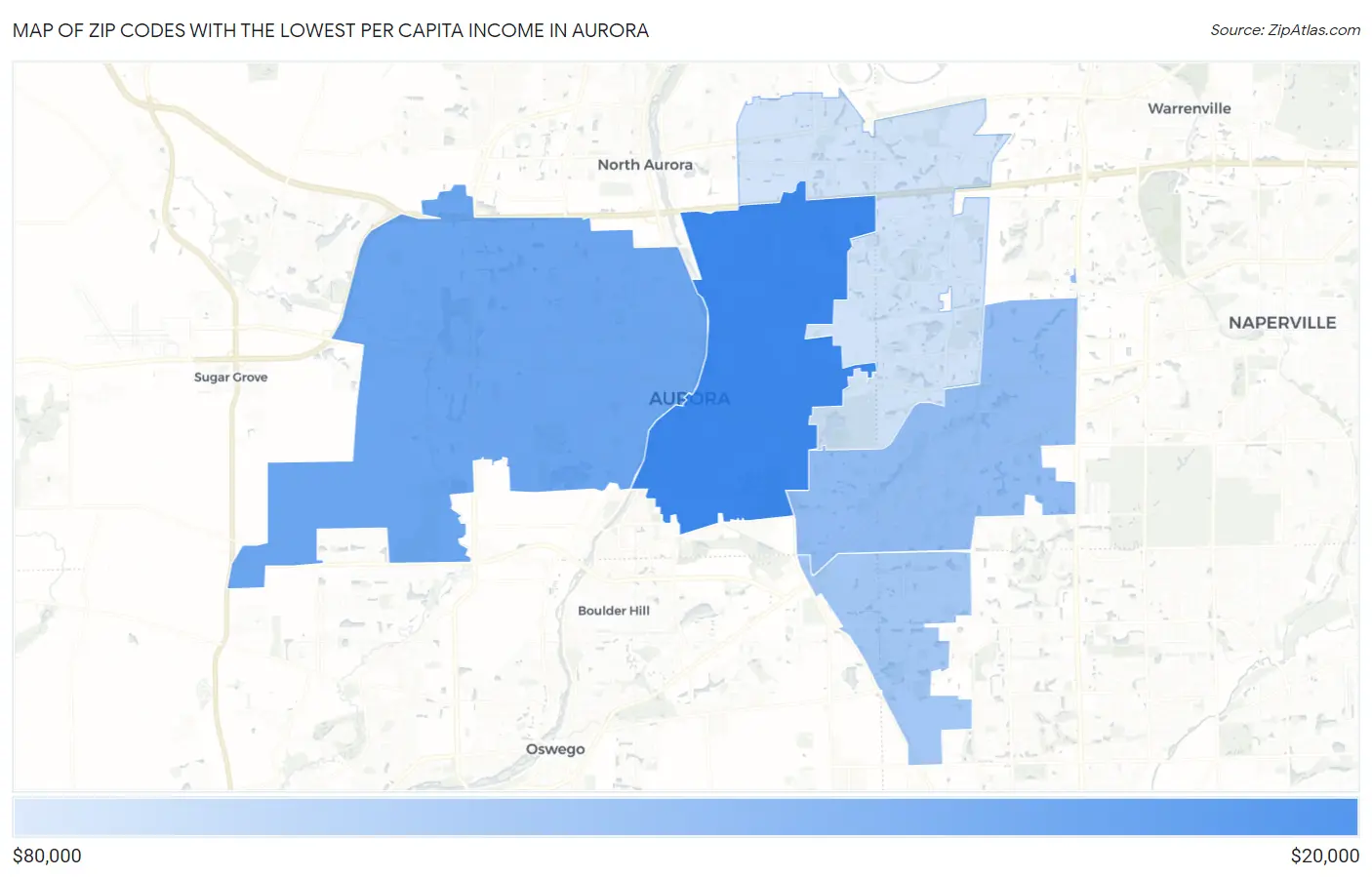Zip Codes with the Lowest Per Capita Income in Aurora Map