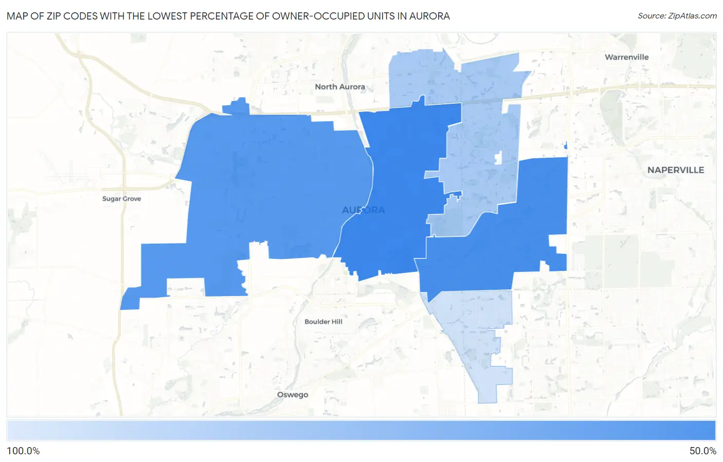 Zip Codes with the Lowest Percentage of Owner-Occupied Units in Aurora Map