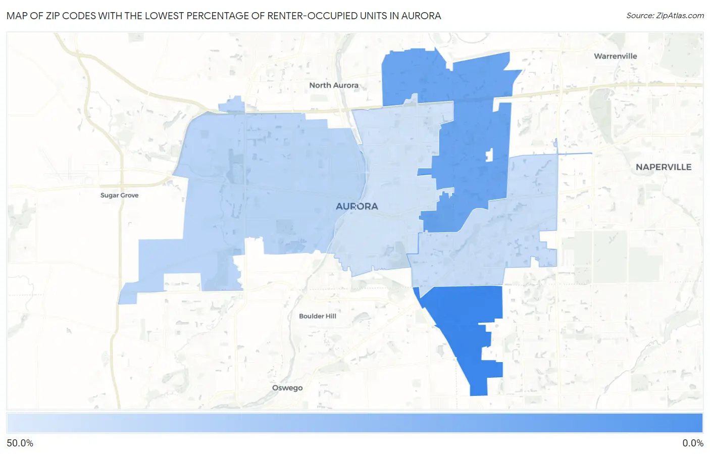 Zip Codes with the Lowest Percentage of Renter-Occupied Units in Aurora Map