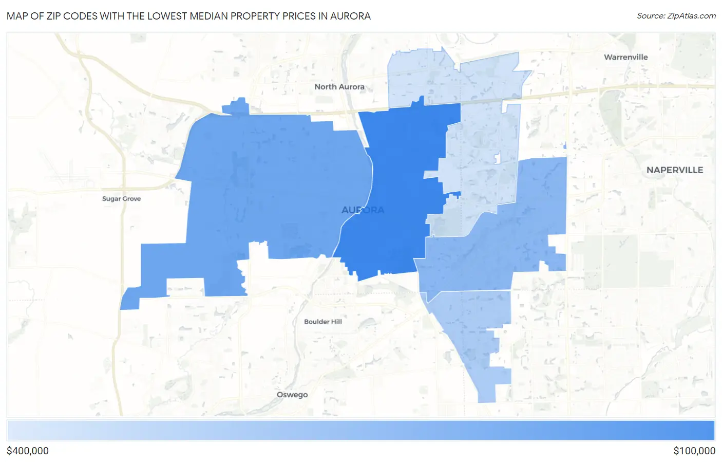Zip Codes with the Lowest Median Property Prices in Aurora Map
