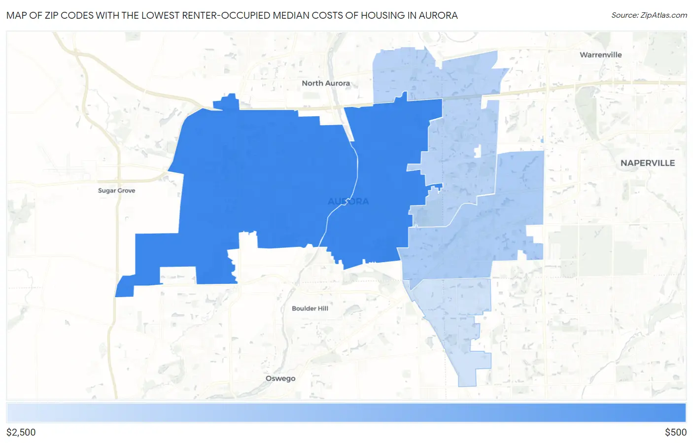 Zip Codes with the Lowest Renter-Occupied Median Costs of Housing in Aurora Map
