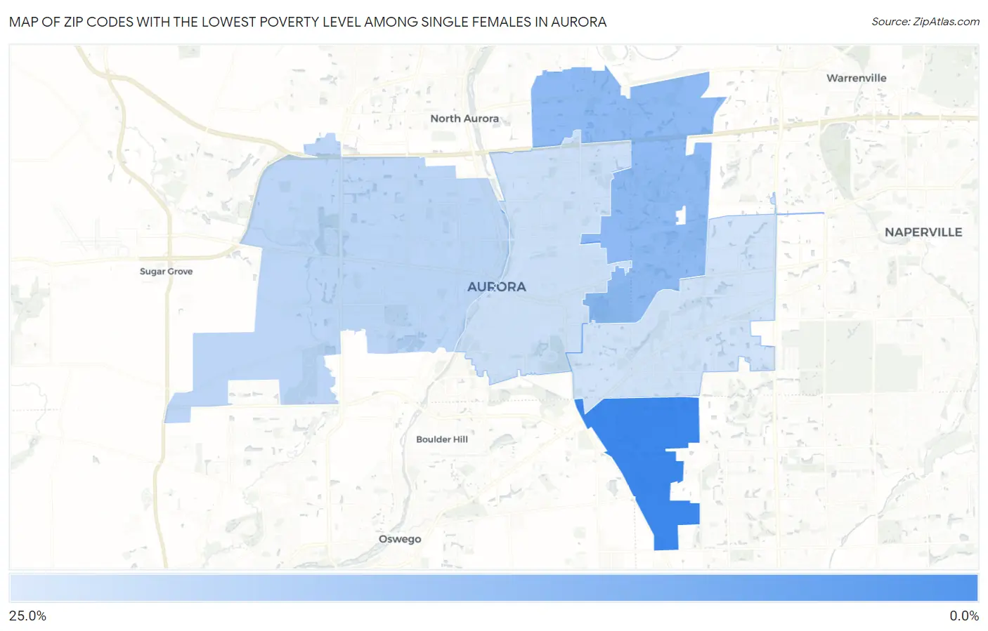 Zip Codes with the Lowest Poverty Level Among Single Females in Aurora Map