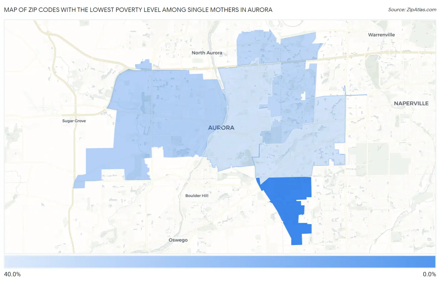 Zip Codes with the Lowest Poverty Level Among Single Mothers in Aurora Map