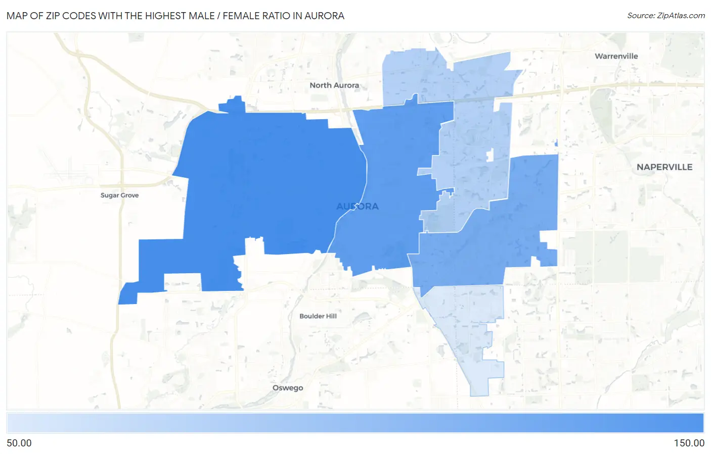 Zip Codes with the Highest Male / Female Ratio in Aurora Map