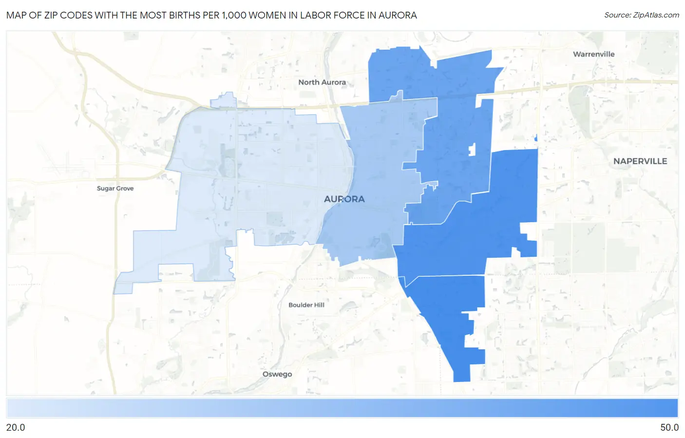 Zip Codes with the Most Births per 1,000 Women in Labor Force in Aurora Map