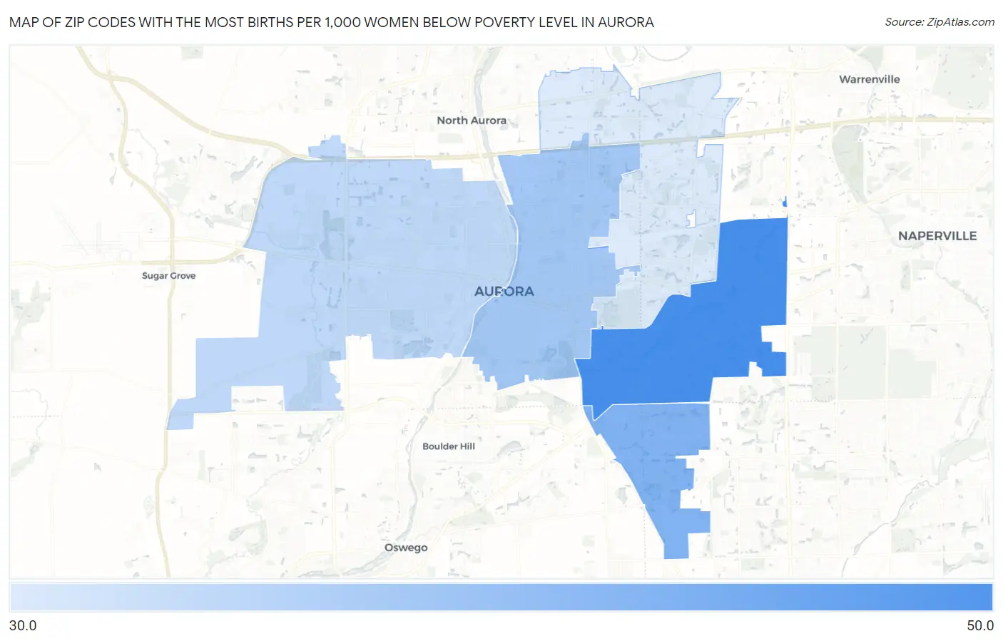 Zip Codes with the Most Births per 1,000 Women Below Poverty Level in Aurora Map
