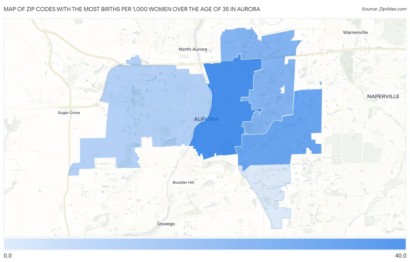 Zip Codes with the Most Births per 1,000 Women Over the Age of 35 in Aurora Map
