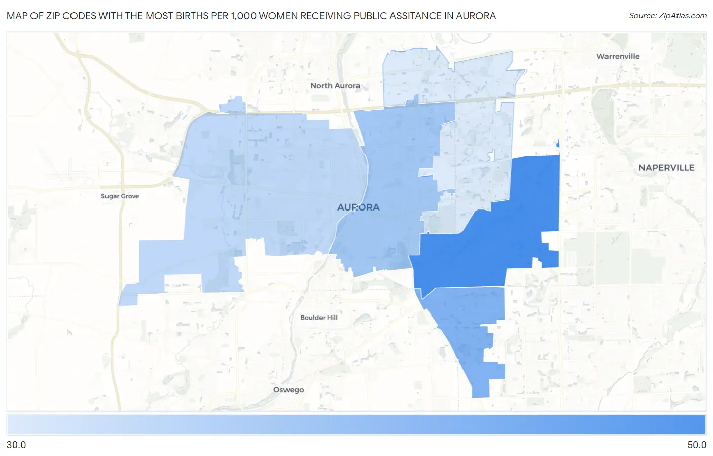 Zip Codes with the Most Births per 1,000 Women Receiving Public Assitance in Aurora Map