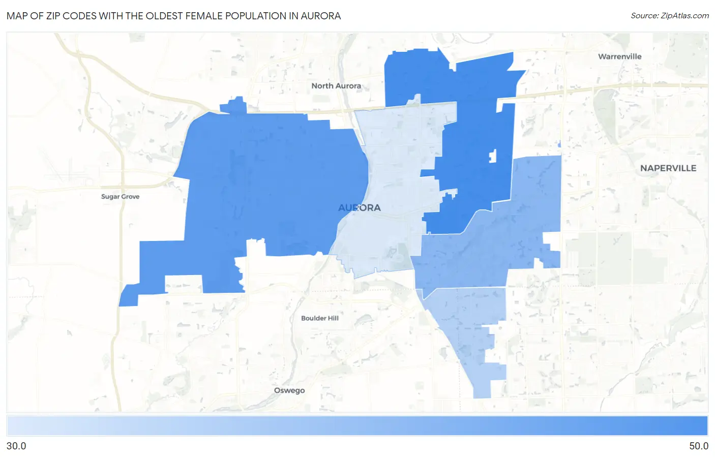 Zip Codes with the Oldest Female Population in Aurora Map