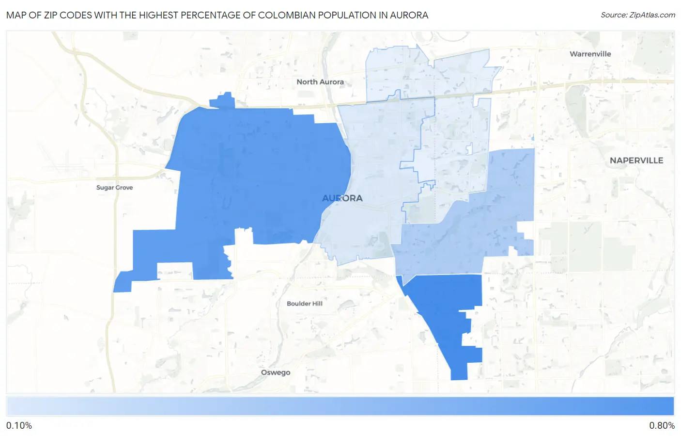 Zip Codes with the Highest Percentage of Colombian Population in Aurora Map