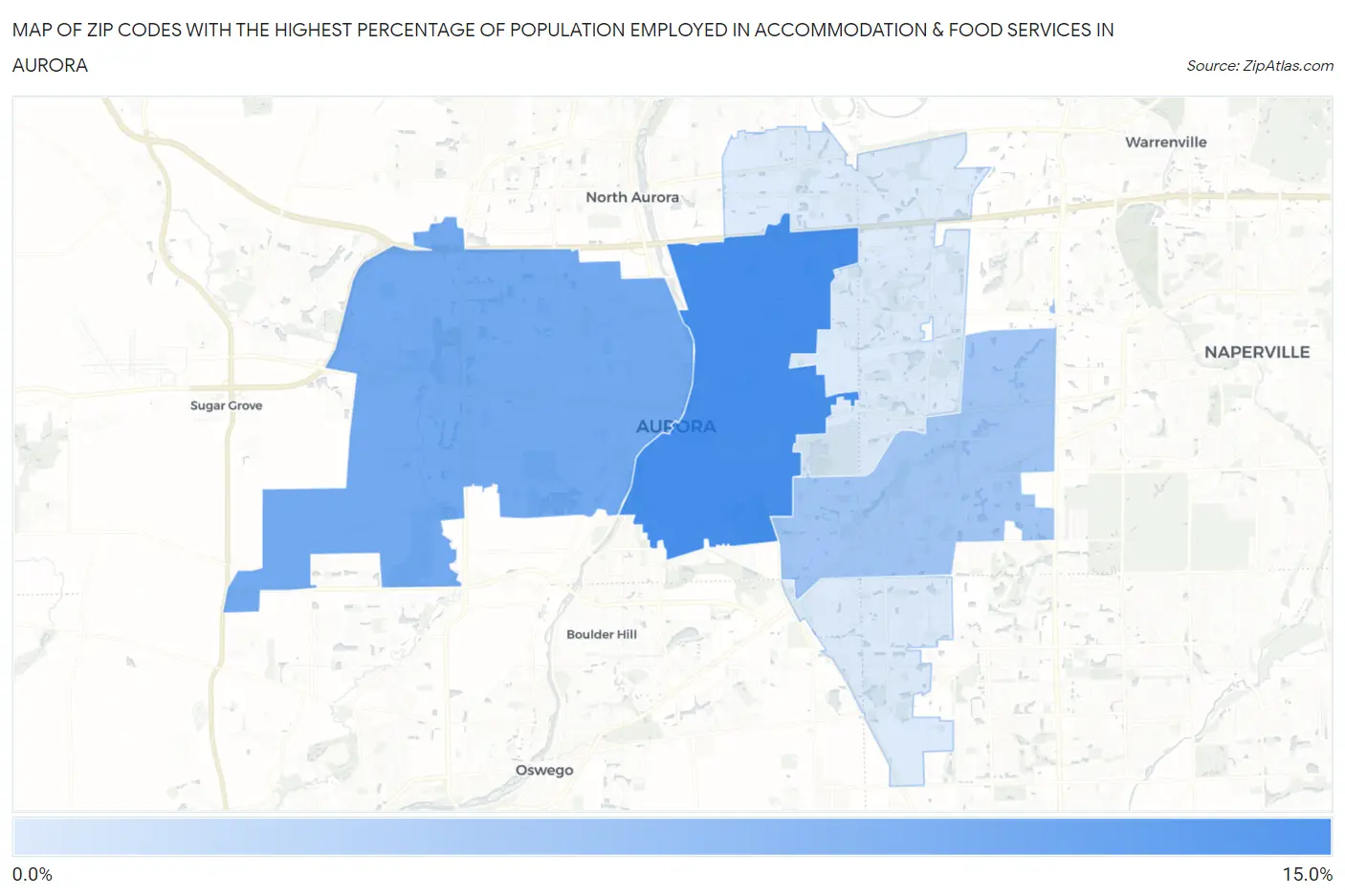Zip Codes with the Highest Percentage of Population Employed in Accommodation & Food Services in Aurora Map