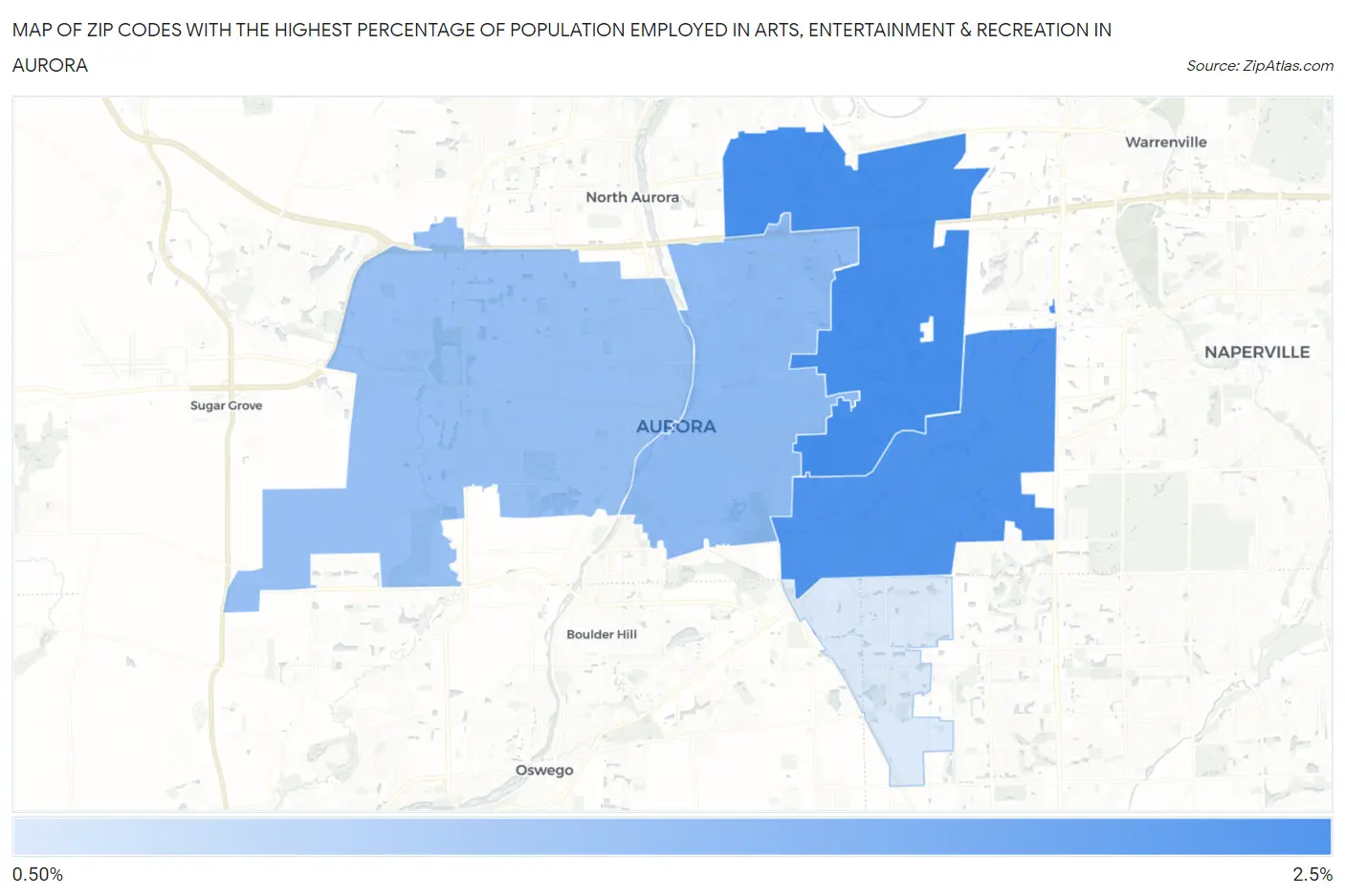 Zip Codes with the Highest Percentage of Population Employed in Arts, Entertainment & Recreation in Aurora Map