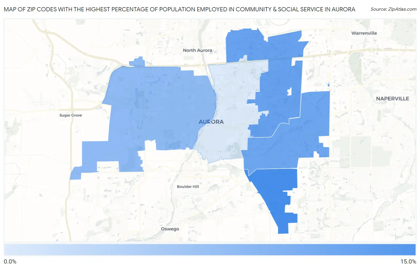 Zip Codes with the Highest Percentage of Population Employed in Community & Social Service  in Aurora Map