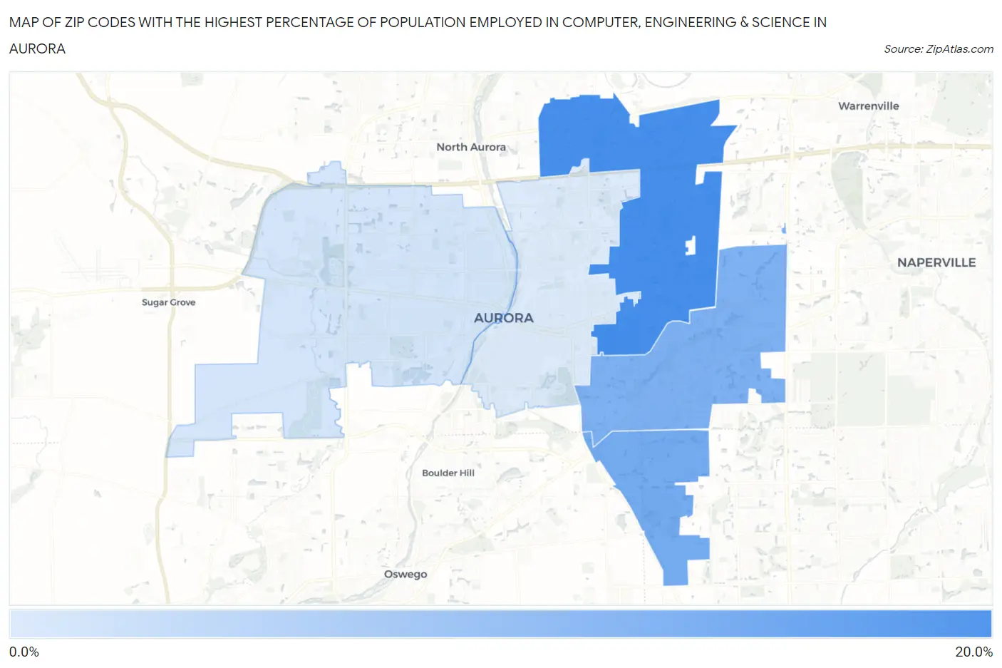 Zip Codes with the Highest Percentage of Population Employed in Computer, Engineering & Science in Aurora Map