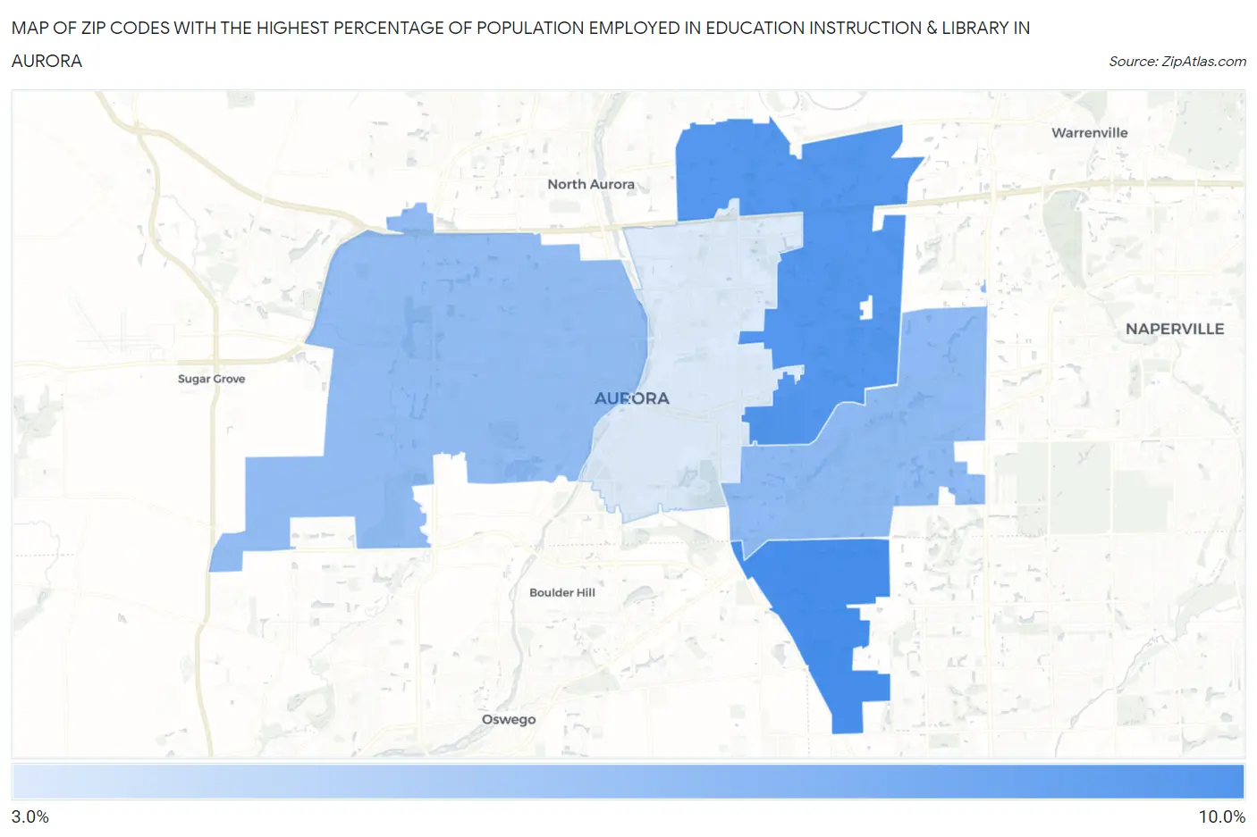 Zip Codes with the Highest Percentage of Population Employed in Education Instruction & Library in Aurora Map
