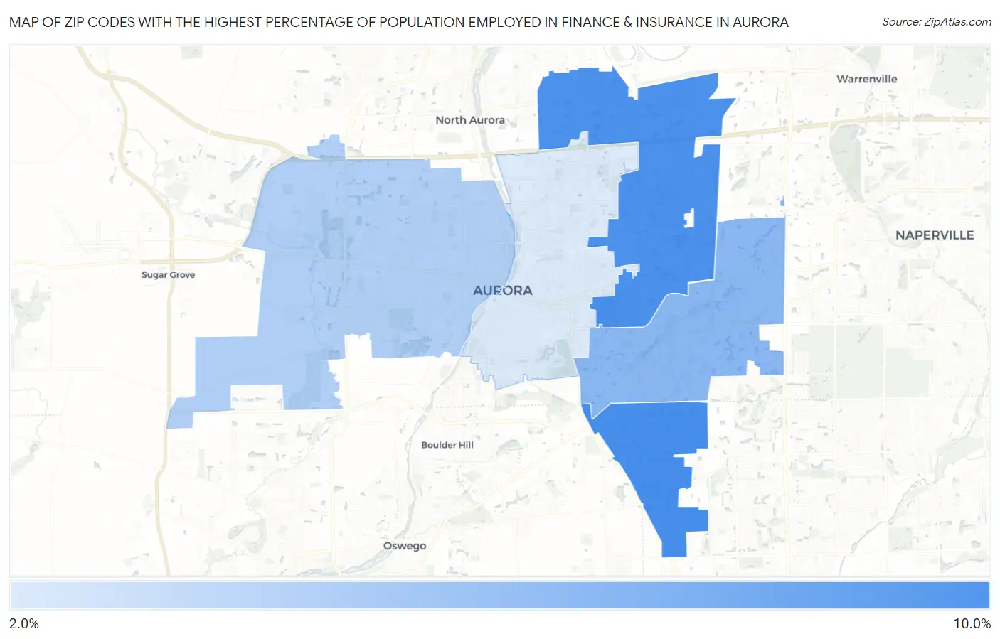 Zip Codes with the Highest Percentage of Population Employed in Finance & Insurance in Aurora Map