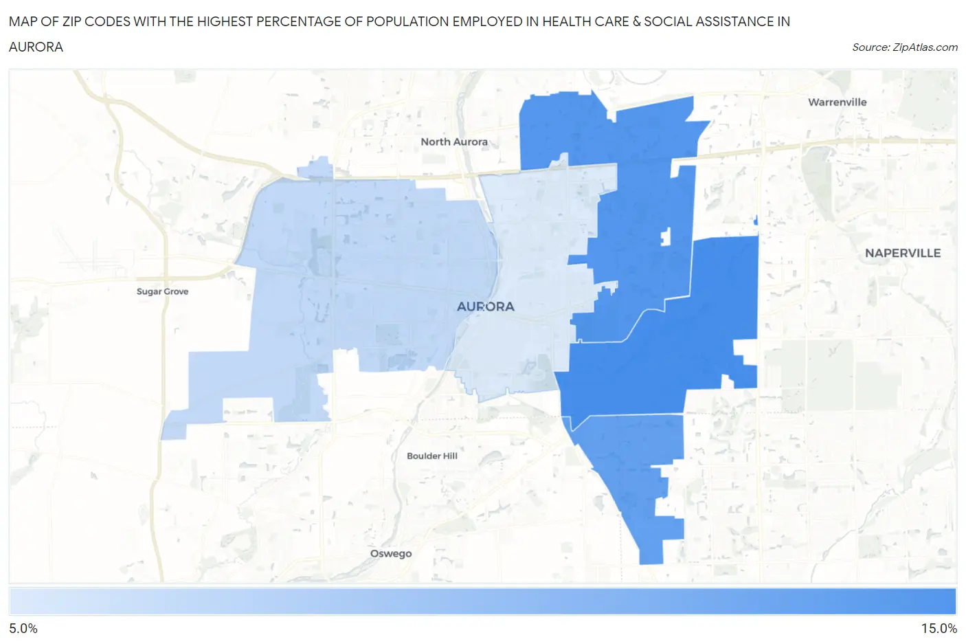 Zip Codes with the Highest Percentage of Population Employed in Health Care & Social Assistance in Aurora Map