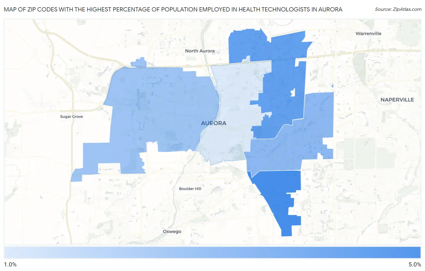 Zip Codes with the Highest Percentage of Population Employed in Health Technologists in Aurora Map